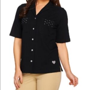 NEW DreammJeannes Eyelet Black Short Sleeve Camp Shirt